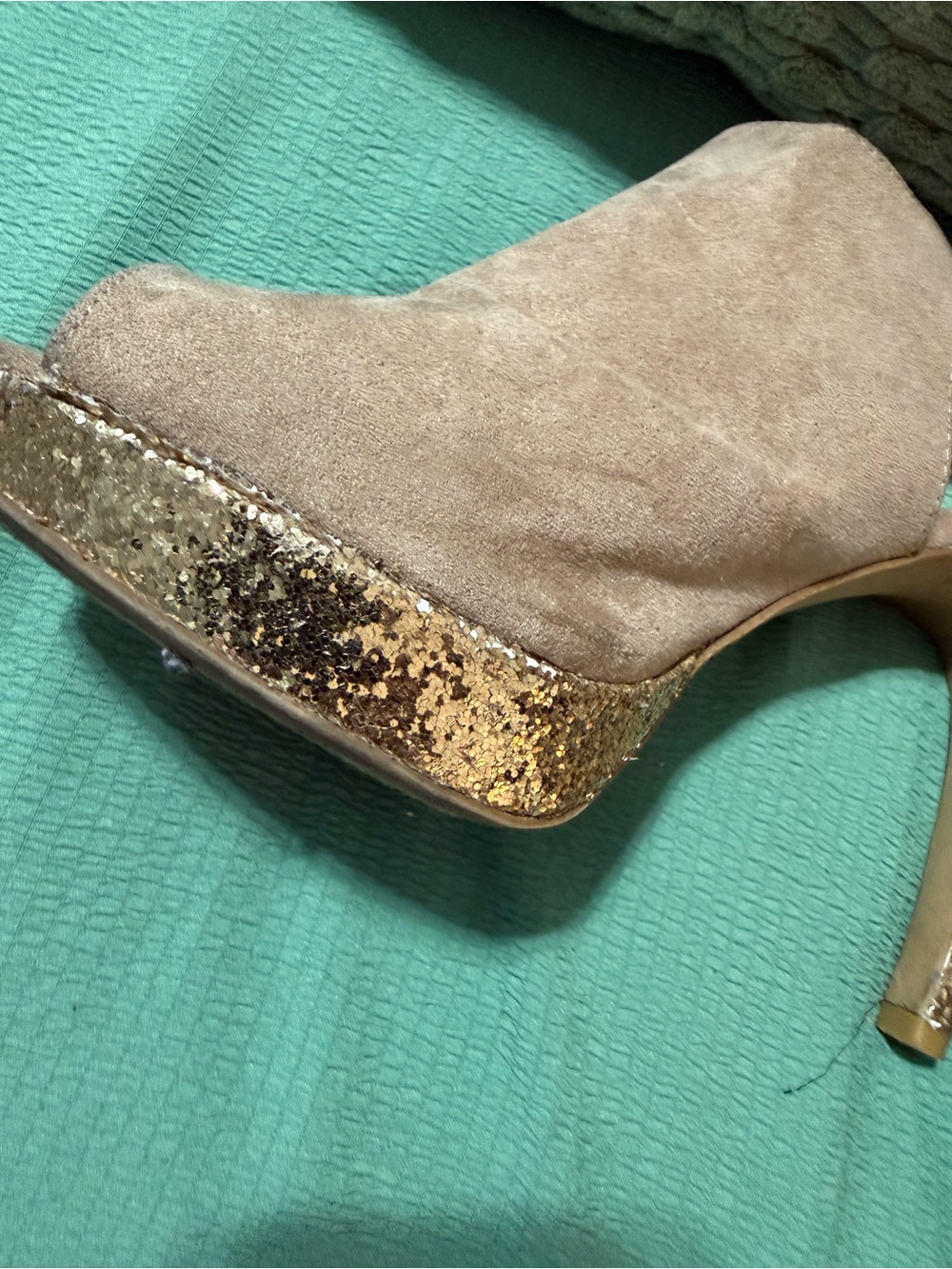 Rampage Beige Suede Ankle Boot with Gold Glitter Platform